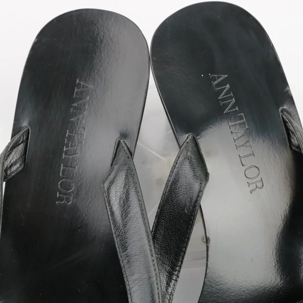 Ann Taylor Womens Sandals Size 10.5 Black Leather Strappy Slide Mule Wedge Heels